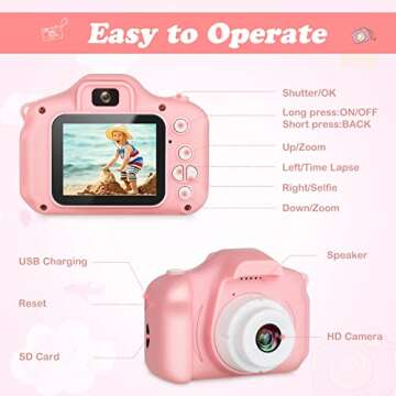 Zeacool Kids Camera, HD Digital Video Camera,Childrens Toys for 3 4 5 6 7 8 9 Year Old Boys/Girls, Selfie Camera for Kids, Christmas Birthday Gifts with 32GB SD Card(Pink)