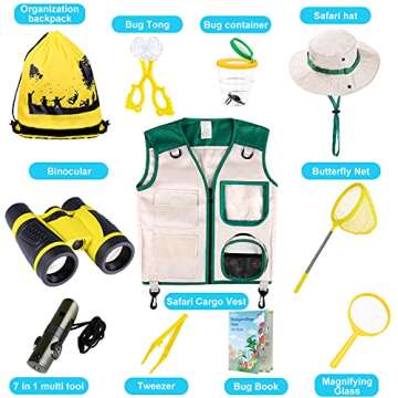 INNOCHEER Explorer Kit & Bug Catcher Kit for Kids Outdoor Exploration with Vest, hat, Binocular, Telescopic Butterfly Net, and Bugs Book for Boys Girls 3-12 Years Old (Yellow)