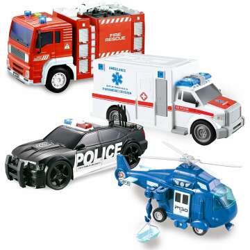 JOYIN 4 Packs Emergency Vehicle Toy Playsets - Fun & Educational