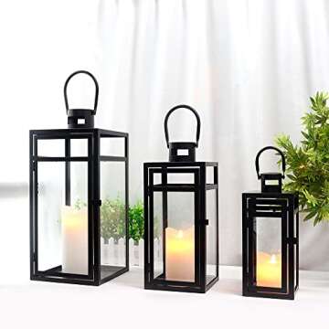 TRIROCKS Stainless Steel Lantern Set of 3 - Assorted Sizes (12/15/19 Inch) - Tall Metal Hanging Lanterns with Clear Glass Panels, Indoor & Outdoor Home Decor for Parties & Events - Black Finish