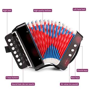 Button Accordion 10 Keys Control Accordion include 3 Air Valve Easy to Play Lightweight Environmentally-friendly Kid Instrument for Early Childhood Developmet Fit for 3 years and over (black)