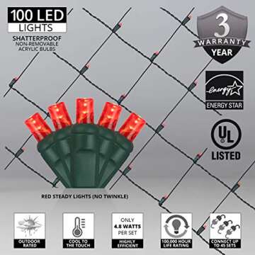 Wintergreen Lighting Set of 100 LED Red Net Lights – Christmas Net Lights, Outdoor Christmas Decorations, Green Wire (4 x 6 ft, 5mm Lights, Red)