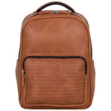 Kenneth Cole On Track Pack Vegan Leather Tablet Bookbag Anti-Theft RFID, Work, & Travel, Cognac, 15.6" Laptop Backpack