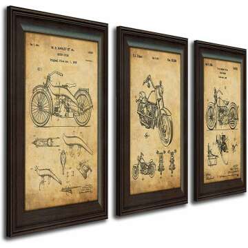 Harley Davidson Patent Prints - Framed Glass Set of 3 Bikes 14x17