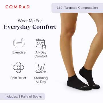 Comrad 3-Pack Nylon Ankle Compression Socks with Targeted Arch Compression (Black, Small) - Sweat-Wicking Premium Support Socks for Men & Women - Everyday Wear at Home, Work, Gym, Sports & Travel