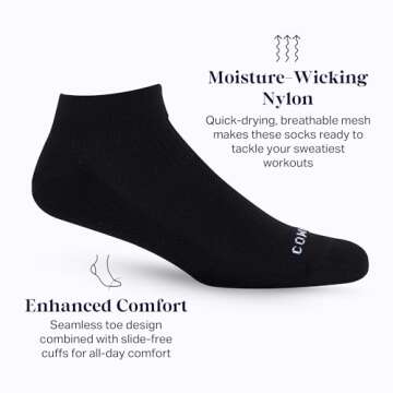 Comrad 3-Pack Nylon Ankle Compression Socks with Targeted Arch Compression (Black, Small) - Sweat-Wicking Premium Support Socks for Men & Women - Everyday Wear at Home, Work, Gym, Sports & Travel