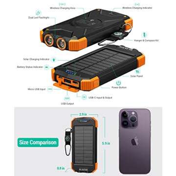 BLAVOR Solar Charger Power Bank 10,000mAh, Portable Wireless Charger, 20W Fast Charging External Battery Pack with USB C for Cell Phones, Solar Panel Charger with Dual Flashlight for Camping