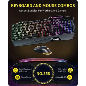 havit Gaming Keyboard and Mouse Combo, Backlit Computer keyboards and RGB Gaming Mouse, Gaming Accessories 104 Keys PC Gaming Keyboard with DPI 4800 Mouse for Gamer, Black