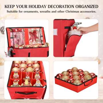 Irrantan 2-in-1 Christmas Ornament Storage Box & Xmas Figurine Container, Premium Christmas Ornament Storage Container - Holds Up to 64pcs-3” Ornaments, Adjustable Dividers, 4 Individual Trays -Red