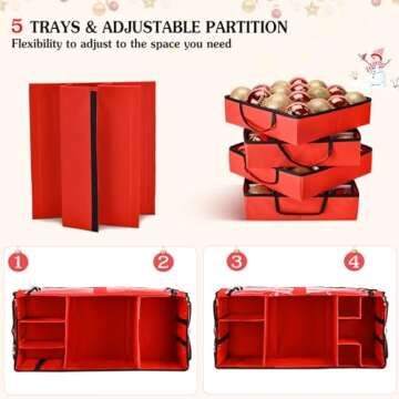 Irrantan 2-in-1 Christmas Ornament Storage Box & Xmas Figurine Container, Premium Christmas Ornament Storage Container - Holds Up to 64pcs-3” Ornaments, Adjustable Dividers, 4 Individual Trays -Red