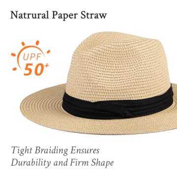 DressVoguer Straw Fedora Sun Hat for Women Men Long Brim Panama Hat Roll Up Trilby Summer Beach Hat UPF 50+ (US, Alpha, One Size, Medium, Beige)