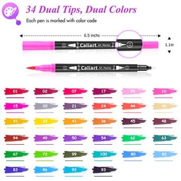 Caliart 34 Double Tip Brush Pens Art Markers, Aesthetic Cute Preppy Stuff School Supplies, Artist Fine & Brush Pen Coloring Markers for Kids Adult Book Cards Drawing Craft Kit Teacher Office Supplies