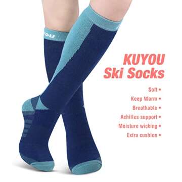 KUYOU Ski Socks Women Men, 3 Pair Extra Thick Warm Snow Winter Skiing Socks Long Knee High Snow Snowboarding Skiing Socks