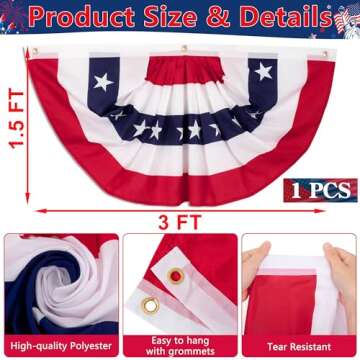 4th of July Decorations, 1.5 x 3 FT American Flag Banner, 1 PCS USA Pleated Fan Flags, Patriotic Bunting US Half Fan Flag for Fourth of July Independence Day Memorial Day Home Yard Outdoor Decor