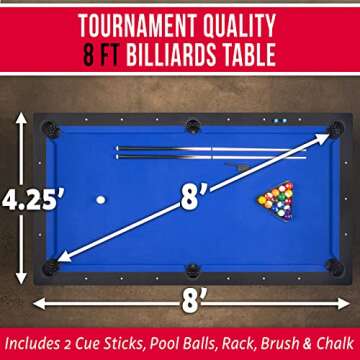 GoSports 8 ft Pool Table with Wood Finish - Modern Billiards Table with 2 Cue Sticks, Balls, Rack, 96"L x 51"W x 31.9"H, Felt Brush and Chalk