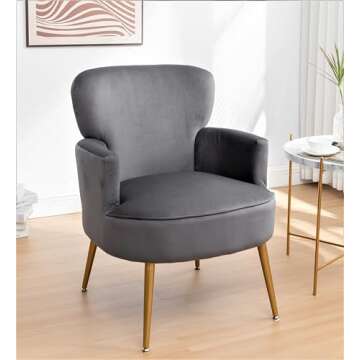 Container Furniture Direct Trendy Velvet Accent Chair with Gold Metal Legs, Upholstered Armchair for Small to Mid-Size Spaces, Modern Living Room, Bedroom, Vanity Desk and Entryway, Medium, Grey