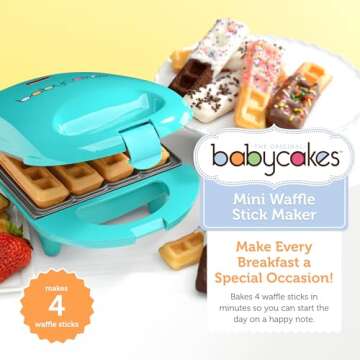 Babycakes Mini Waffle Stick Maker by Select Brands - Mini Waffle Stick Maker for Breakfast - Features Non-Stick Coating & Non-Skid Feet - Mini Waffle Stick Iron for Kitchen Appliances - 4 Waffles