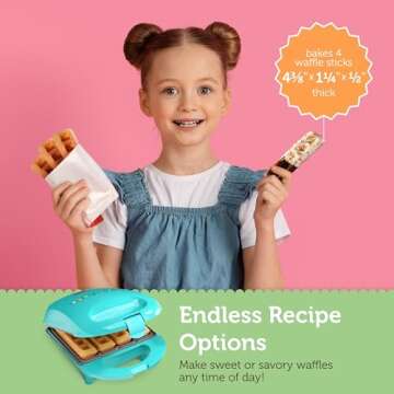 Babycakes Mini Waffle Stick Maker by Select Brands - Mini Waffle Stick Maker for Breakfast - Features Non-Stick Coating & Non-Skid Feet - Mini Waffle Stick Iron for Kitchen Appliances - 4 Waffles