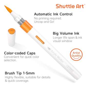 Shuttle Art Automatic Ink Control Acrylic Paint Markers, 36 Colors Brush Tip Acrylic Paint Pens for Rock Painting, Ceramic, Wood, Canvas, Glass, Stone, Fabric, Card Making, DIY & Art Supplies