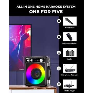 VOSOCO Karaoke Machine, Portable Bluetooth Karaoke Speaker with 2 Wireless Microphones, PA System for Adults Kids with LED Lights, Supports REC/FM/AUX/USB/TF for Home Party