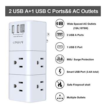 USB Outlet Extender Surge Protector - Multi Plug Power Strip with Rotating Plug