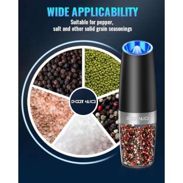 Sweet Alice Gravity Electric Pepper and Salt Grinder Set, Adjustable Coarseness, Battery Powered with LED Light, One Hand Automatic Operation, Stainless Steel Black, 2 Pack