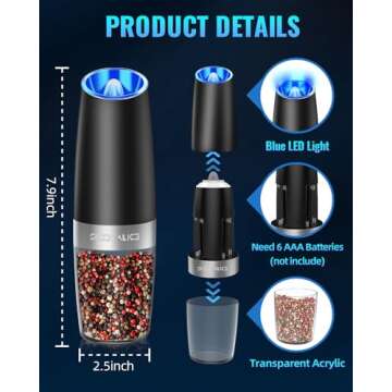 Sweet Alice Gravity Electric Pepper and Salt Grinder Set, Adjustable Coarseness, Battery Powered with LED Light, One Hand Automatic Operation, Stainless Steel Black, 2 Pack