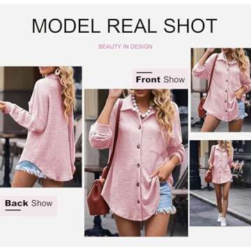 Dokotoo Long Sleeve Shirts for Women Fashion 2024 Summer V Neck Waffle Knit Button Down Tops Comfy Solid Spring Clothing for Women Outwear Pink XX-Large