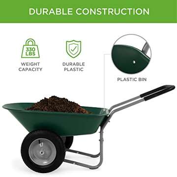 Best Choice Products Dual-Wheel Home Utility Yard Wheelbarrow Garden Cart w/Built-in Stand for Lawn, Gardening, Construction - Green