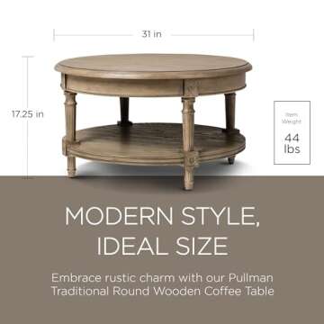 Maven Lane Pullman Large Curved 2 Tier Traditional Round Circle Wooden Center Coffee Table with Shelf Storage in Rustic Antiqued Grey Finish