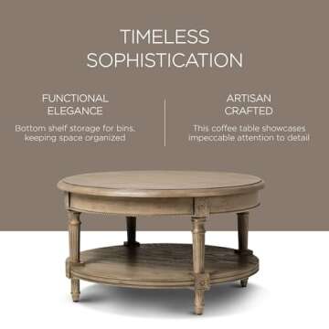 Maven Lane Pullman Large Curved 2 Tier Traditional Round Circle Wooden Center Coffee Table with Shelf Storage in Rustic Antiqued Grey Finish