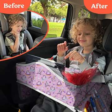 PILLANI Kids Travel Tray for Car - Car Seat Tray for Kids Travel, Car Trays for Kids Roadtrip Essentials, Carseat Table Tray for Kids Road Trip Activities - Toddler Lap Desk Organizer for Airplane