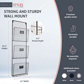 Designstyles Three Tier Wall File Holder – Durable Copper Metal Rack with Spacious Slots for Easy Organization, Mounts on Wall and Door for Office, Home, and Work