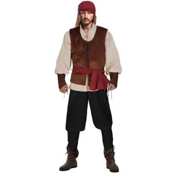 IWQBQ 5 pcs men's pirate costume set Renaissance shirt medieval vest Viking Banded Pants headscarf belt Halloween costume(Z3601,L)