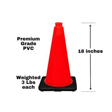 (6 Cones) CJ Safety 18" Height PVC Traffic Safety Cones With Black Base - No Reflective Collars (Set of 6)