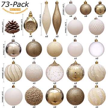 Sea Team 73-Pack Assorted Shatterproof Christmas Ball Ornaments Set Seasonal Decorative Hanging Ornament Set with Reusable Hand-held Gift Package for Holiday Xmas Tree Decorations, Gold