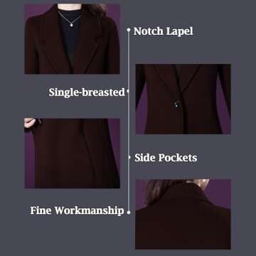 Aprsfn Women's Winter Wool Coats Long Sleeve One Buttoned Pea Coats Notched Lapel Jackets Mid-Length Windproof Overcoat-Coffee-M