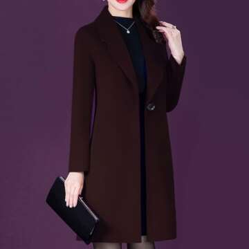 Aprsfn Women's Winter Wool Coats Long Sleeve One Buttoned Pea Coats Notched Lapel Jackets Mid-Length Windproof Overcoat-Coffee-M