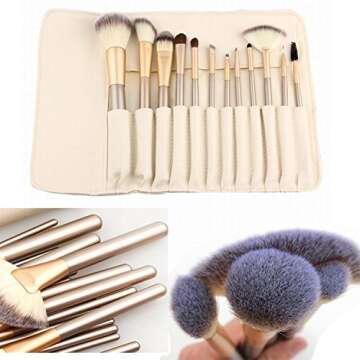 12 Piece Makeup Brushes Set | Horse Hair Professional Kabuki Makeup Brush Set Cosmetics Foundation Makeup Brushes Set Kits with White Cream-colored Case Bag