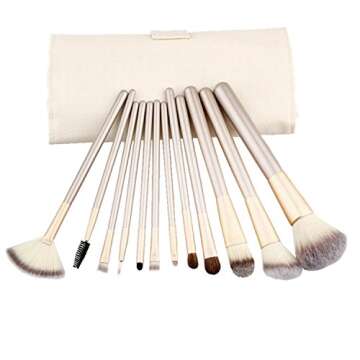 12 Piece Makeup Brushes Set | Horse Hair Professional Kabuki Makeup Brush Set Cosmetics Foundation Makeup Brushes Set Kits with White Cream-colored Case Bag