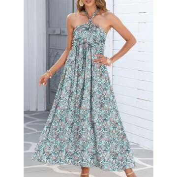 Dokotoo Wedding Guest Dresses for Women 2024 Fashion Halter Neck Crossover Casual Dresses Elegant Sleeveless Pleat Women's Formal Dress Sexy Backless Floral Print Flowy A-Line Maxi Dress Medium