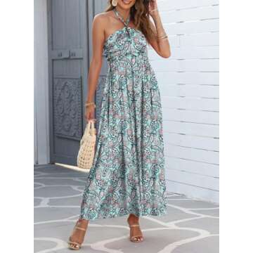 Dokotoo Wedding Guest Dresses for Women 2024 Fashion Halter Neck Crossover Casual Dresses Elegant Sleeveless Pleat Women's Formal Dress Sexy Backless Floral Print Flowy A-Line Maxi Dress Medium