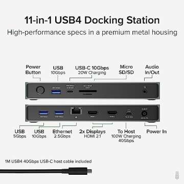 Plugable USB C Docking Station Dual Monitor, 11-in-1, USB4 40G 100W Laptop Charging Dock for Windows and Thunderbolt, 4K HDMI 2.1 upto 120Hz, 2.5Gbps Ethernet, SD Reader, 20W USB-C Charging Driverless