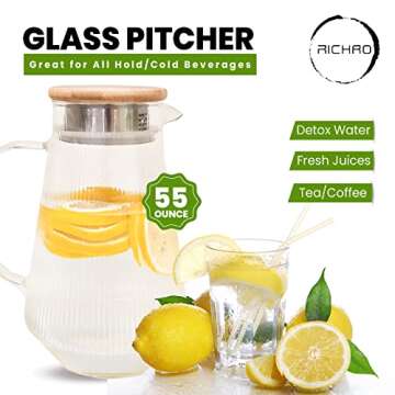 Richro Glass Water Pitcher with Lid - Elegant Durable & Sturdy Glass Water Carafe - 55 Oz Heat Resistant Glass Carafe for Hot/Cold Beverages, Coffee,Juice, Iced Tea Pitcher,