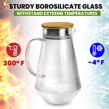 Richro Glass Water Pitcher with Lid - Elegant Durable & Sturdy Glass Water Carafe - 55 Oz Heat Resistant Glass Carafe for Hot/Cold Beverages, Coffee,Juice, Iced Tea Pitcher,