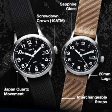 Vaer Men’s Field Watch, Quartz Movement, Scratch Resistant Sapphire Crystal, Locking Screw-Down Crown, Iconic Replica of The A-11 Military Watch for Men of WW2 - Valentine's Gifts for Him