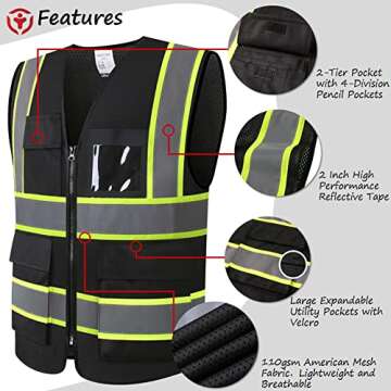 ASIPHITU Reflective High Visibility Safety Vest for Men Women Security with Pockets Zipper Front for Work Vest with Reflective Strips Meets ANSI/ISEA Standards(H-Black-M)