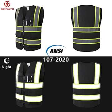 ASIPHITU Reflective High Visibility Safety Vest for Men Women Security with Pockets Zipper Front for Work Vest with Reflective Strips Meets ANSI/ISEA Standards(H-Black-M)