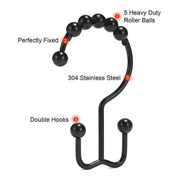 Shower Curtain Hooks, Goowin Shower Curtain Rings, Stainless Steel Black Shower Curtain Hooks, Shower Curtain Rings Rust Proof, Free Sliding Double Shower Hooks for Shower Curtain & Liners (Black)