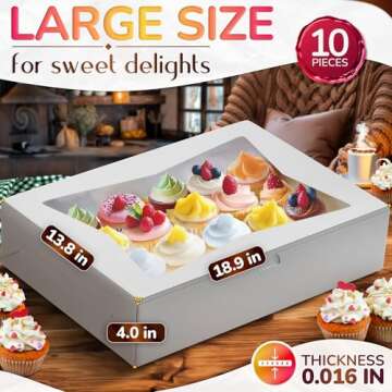 10 Pcs Half Sheet Cake Boxes 19x14 In - White Bakery Boxes with Window, Glossy Finish and Flip Top - Strong Cardboard, Easy Assemble, Secure Transport, Great for Cookies, Cakes, Donuts, and Gifting